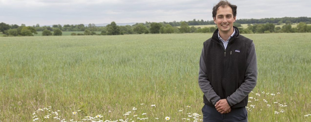 Callum Weir standing in a field margin of oxeye daisies bordering a field of wheat