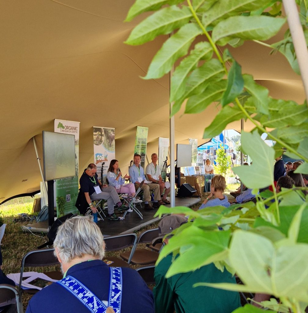 4 speakers on stage in a tent with a tree in the foreground