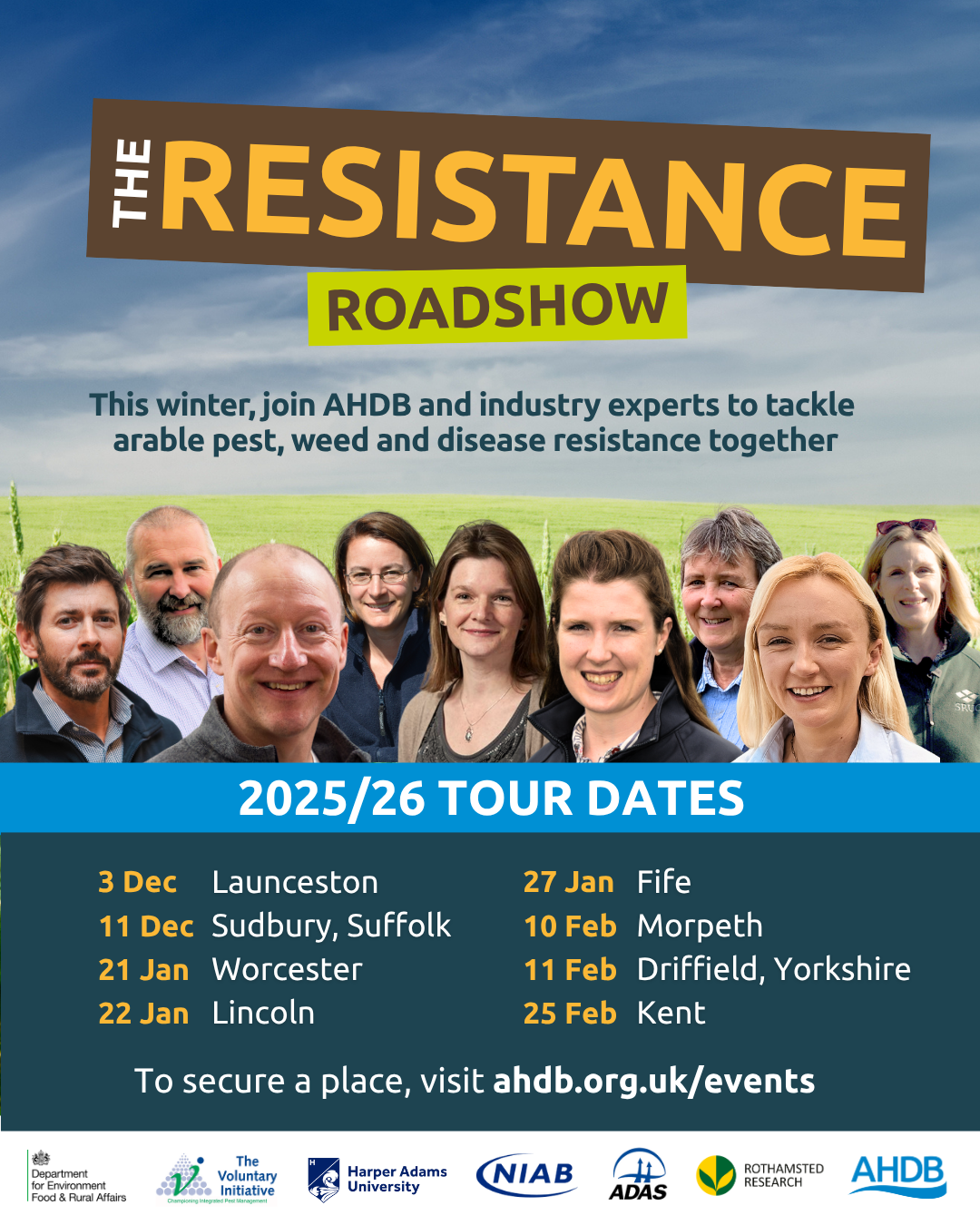 Poster advertising the dates of the AHDB Resistance Roadshow 2026
